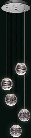 Lampadario-A-Sospensione-Moderno-Diamante-Acrilico-Cromo-5-Luci-A-Sfera-Led-21W