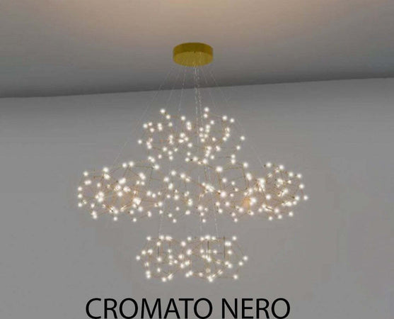 Lampadario-A-Sospensione-Moderno-Lucciola-Metallo-Cromato-Nero-Led-25-Esagoni
