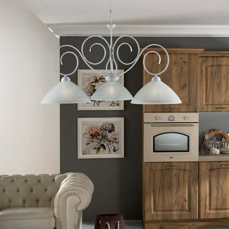 Lampadario-Classico-3-Luci-Ferro-Battuto-Bianco-Shabby-Vetro-Bianco-Serie-Milly