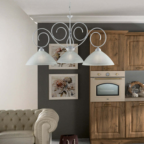 Lampadario-Classico-3-Luci-Ferro-Battuto-Bianco-Shabby-Vetro-Bianco-Serie-Milly