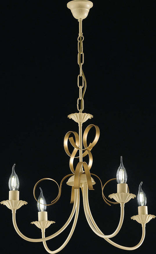Lampadario-Classico-4-Luci-Ferro-Battuto-Avorio-e-Oro-Serie-Bandolo