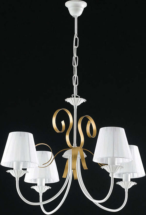 Lampadario-Classico-4-Luci-Ferro-Battuto-Bianco-e-Oro-con-Paralumi-Serie-Bandolo