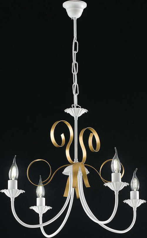 Lampadario-Classico-4-Luci-Ferro-Battuto-Bianco-e-Oro-Serie-Bandolo