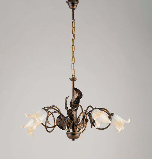 Lampadario-Classico-5-Luci-con-Foglie-Ferro-Battuto-e-Vetro-Bronzo-Serie-Limone
