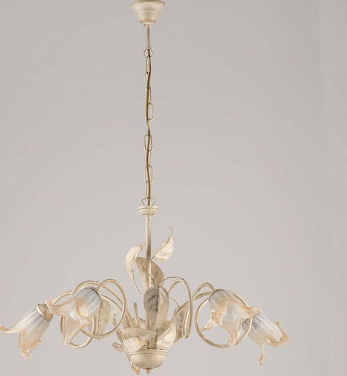 Lampadario-Classico-5Luci-Foglie-in-Ferro-Battuto-Vetro-Avorio-Oro-Serie-Limone