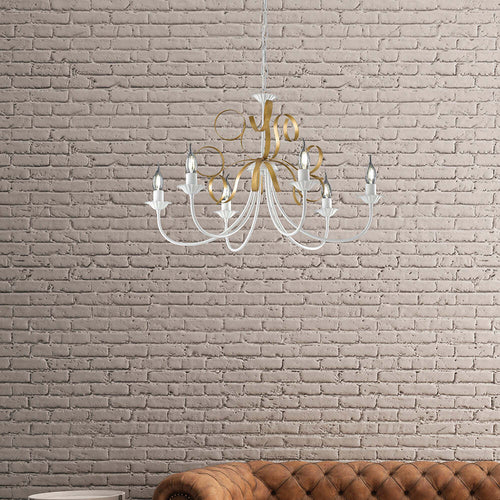 Lampadario-Classico-6-Luci-Ferro-Battuto-Bianco-e-Oro-Serie-Bandolo