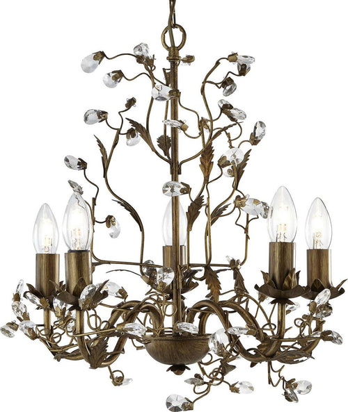 Lampadario-Classico-Almandita-Acciaio-Marrone-Vetro-Oro-5-Luci-E14