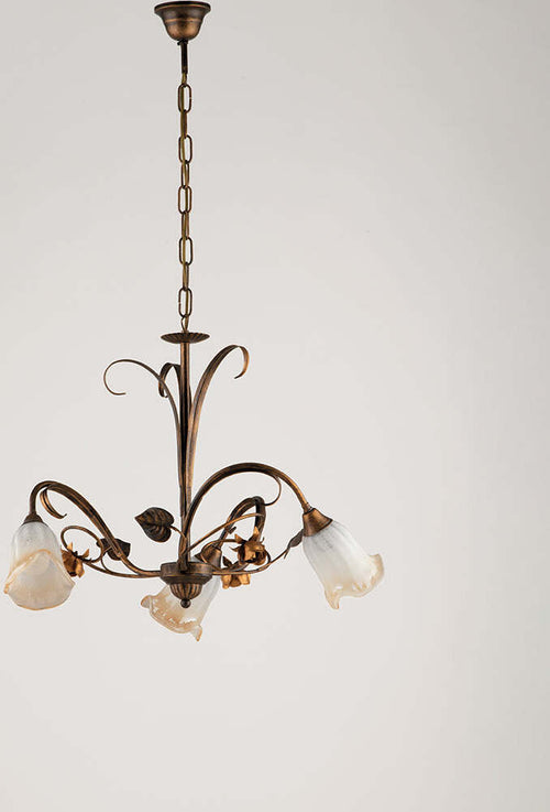 Lampadario-Classico-Arte-Povera-3-Luci-Ferro-Battuto-Marrone-e-Oro-Serie-Cestino