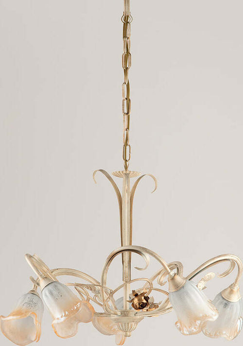 Lampadario-Classico-Arte-Povera-5-Luci-Ferro-Battuto-Avorio-e-Oro-Serie-Cestino