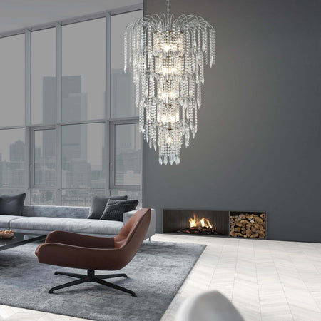 Lampadario-Classico-Cascata-Acciaio-Cromo-Cristallo-13-Luci-E14