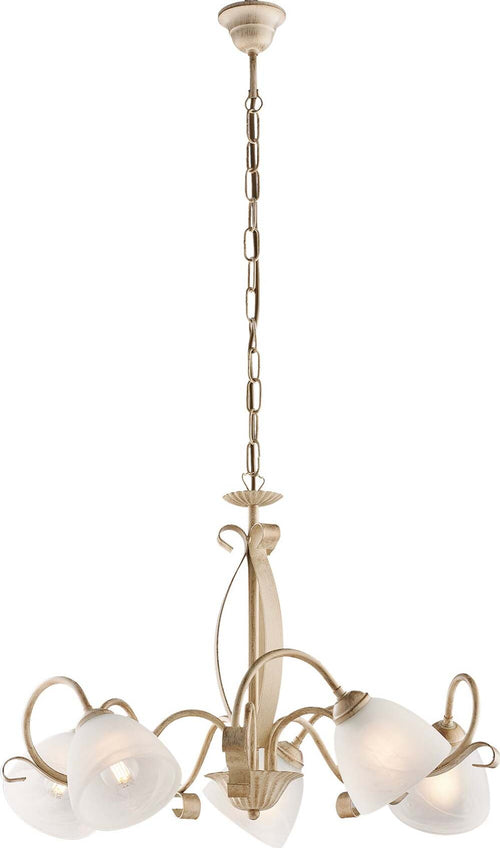 Lampadario-Classico-Forgiato-5-Luci-Ferro-Avorio-E-Oro-Vetro-Bianco