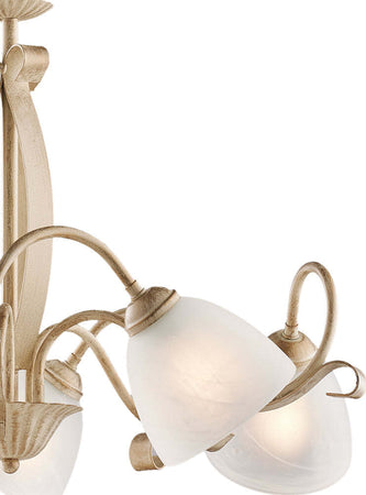 Lampadario-Classico-Forgiato-5-Luci-Ferro-Avorio-E-Oro-Vetro-Bianco