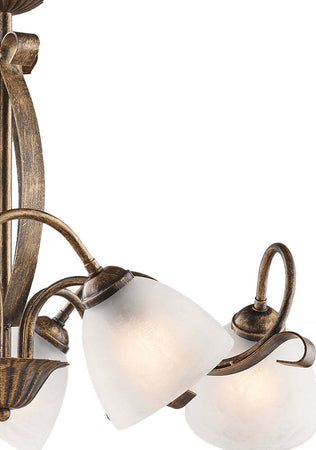 Lampadario-Classico-Forgiato-5-Luci-Ferro-Marrone-E-Oro-Vetro-Bianco