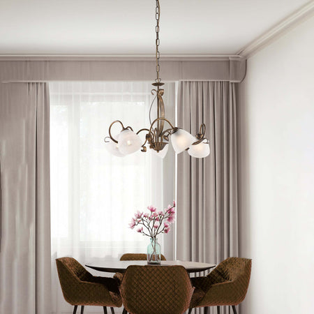 Lampadario-Classico-Forgiato-5-Luci-Ferro-Marrone-E-Oro-Vetro-Bianco