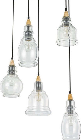 Lampadario-classico-Ideal-Lux-GRETEL-SP5-103174-E27-LED-vintage-vetro-metallo-legno-sospensione