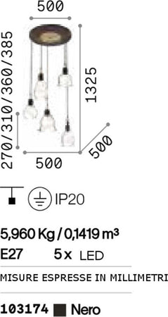 Lampadario-classico-Ideal-Lux-GRETEL-SP5-103174-E27-LED-vintage-vetro-metallo-legno-sospensione