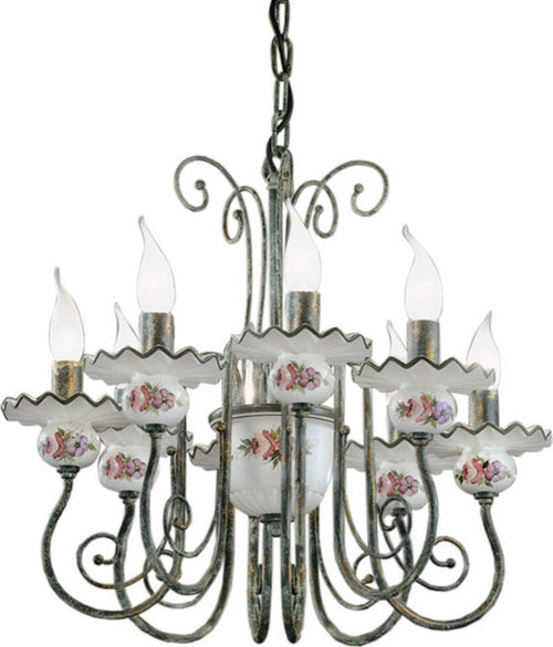 Lampadario-Classico-Sanremo-Metallo-E-Ceramica-Verde-Sfumato-Oro-8-Luci-E14