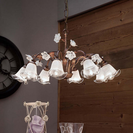 Lampadario-Classico-Siena-Metallo-E-Ceramica-Ruggine-Decorato-Lucido-8-Luce-E14