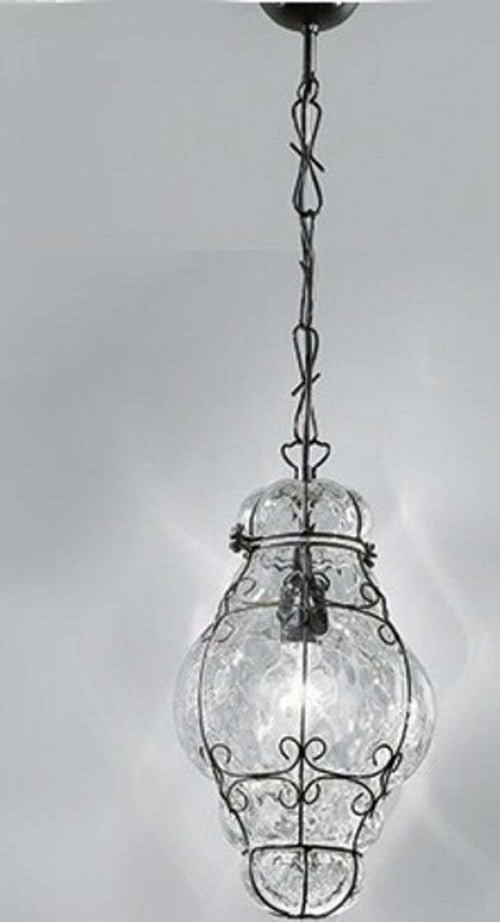 Lampadario-classico-Sylcom-TIEPOLO-1435-INOX-E14-LED-acciaio-vetro-soffiato-sospensione