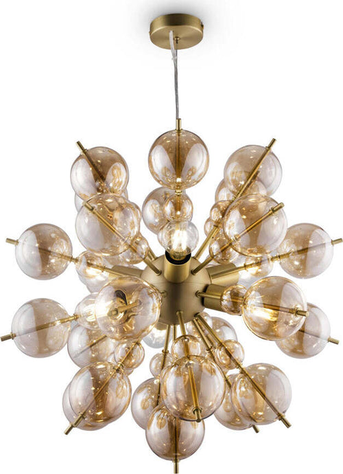 Lampadario-Contemporanea-Bolla-Metallo-Ottone-6-Luci-Diffusori-Vetro-Ambra