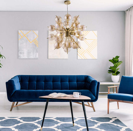 Lampadario-Contemporanea-Bolla-Metallo-Ottone-6-Luci-Diffusori-Vetro-Ambra