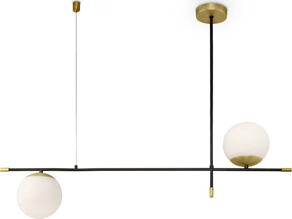 Lampadario-Contemporanea-Nostalgia-Metallo-Oro-Opaco-2-Luci-Diffusori-Bianchi