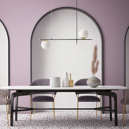 Lampadario-Contemporanea-Nostalgia-Metallo-Oro-Opaco-2-Luci-Diffusori-Bianchi