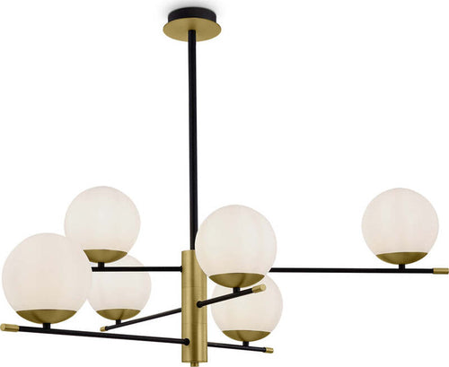 Lampadario-Contemporanea-Nostalgia-Metallo-Oro-Opaco-6-Luci-Diffusori-Bianchi