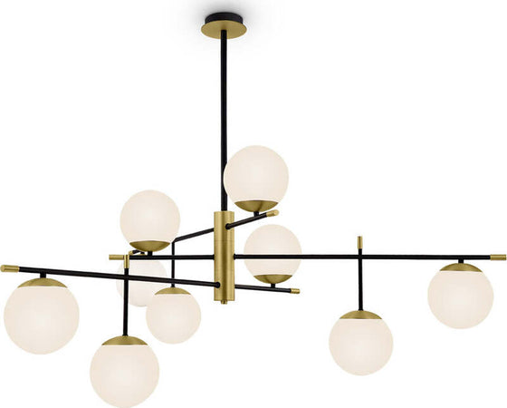 Lampadario-Contemporanea-Nostalgia-Metallo-Oro-Opaco-9-Luci-Diffusori-Bianchi