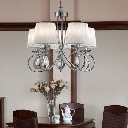Lampadario-Contemporaneo-Angelica-Acciaio-Cromo-Tessuto-Bianco-5-Luci-E14