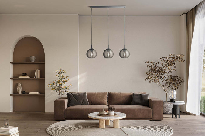Lampadario-Contemporaneo-Balls-Acciaio-Cromo-Fumè-3-Luci-E14