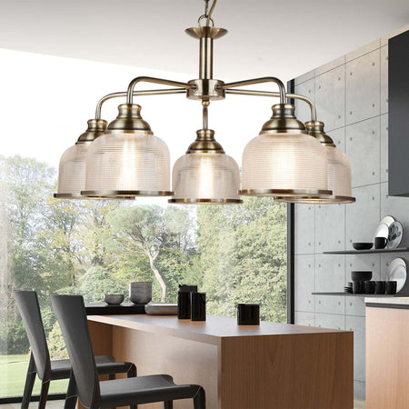 Lampadario-Contemporaneo-Bistrot-Ii-Acciaio-Ottone-Vetro-Trasparente-5-Luci-E27