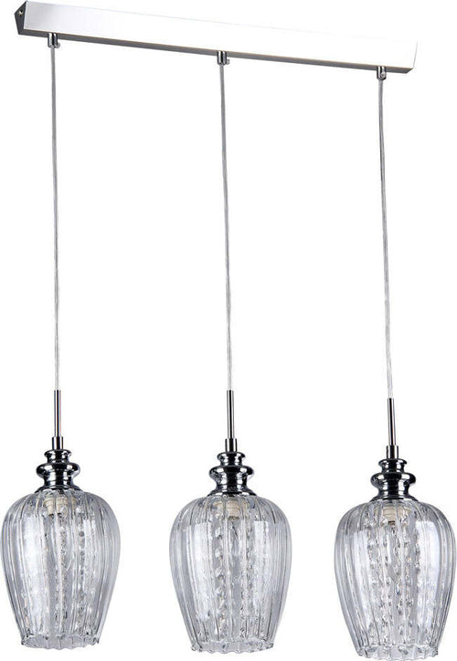 Lampadario-Contemporaneo-Blues-Metallo-Nichel-3-Luci-Diffusori-Vetro-Trasparente