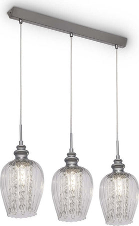 Lampadario-Contemporaneo-Blues-Metallo-Nichel-3-Luci-Diffusori-Vetro-Trasparente