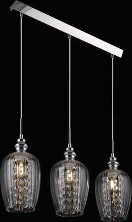 Lampadario-Contemporaneo-Blues-Metallo-Nichel-3-Luci-Diffusori-Vetro-Trasparente