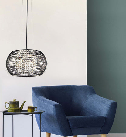 Lampadario-Contemporaneo-Cage-Acciaio-Nero-Vetro-Trasparente-4-Luci-G9