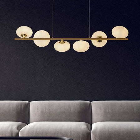 Lampadario-Contemporaneo-Ciottolo-Acciaio-Ottone-Vetro-Bianco-6-Luci-G9