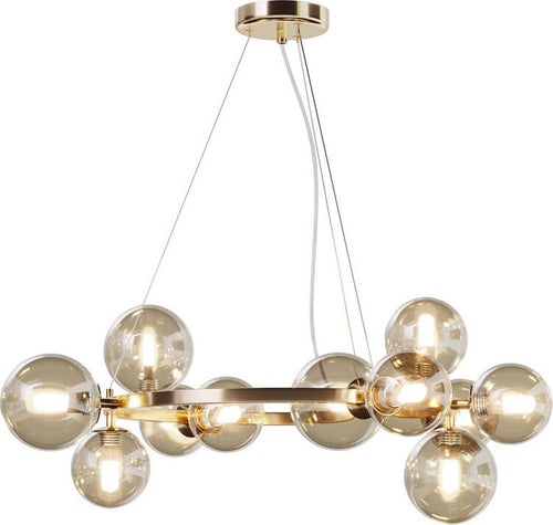 Lampadario-Contemporaneo-Dallas-Metallo-Oro-11-Luci-Diffusori-Vetro-Cognac