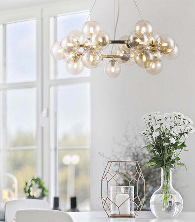 Lampadario-Contemporaneo-Dallas-Metallo-Oro-25-Luci-Diffusori-Ambra