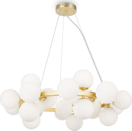 Lampadario-Contemporaneo-Dallas-Metallo-Oro-25-Luci-Diffusori-Bianco-Opaco