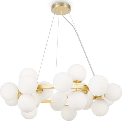 Lampadario-Contemporaneo-Dallas-Metallo-Oro-25-Luci-Diffusori-Bianco-Opaco