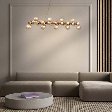 Lampadario-Contemporaneo-Dallas-Metallo-Oro-25-Luci-Diffusori-Vetro-Ambra