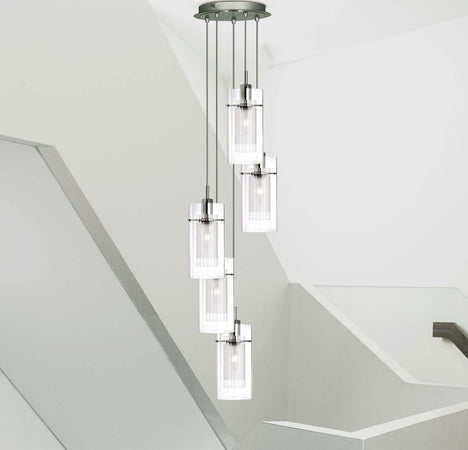Lampadario-Contemporaneo-Duo-1-Acciaio-Argento-Vetro-Cromo-5-Luci-E14