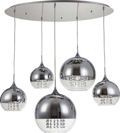Lampadario-Contemporaneo-Fermi-Metallo-Nichel-5-Luci-Diffusori-Vetro-E-Metallo