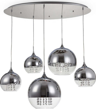 Lampadario-Contemporaneo-Fermi-Metallo-Nichel-5-Luci-Diffusori-Vetro-E-Metallo
