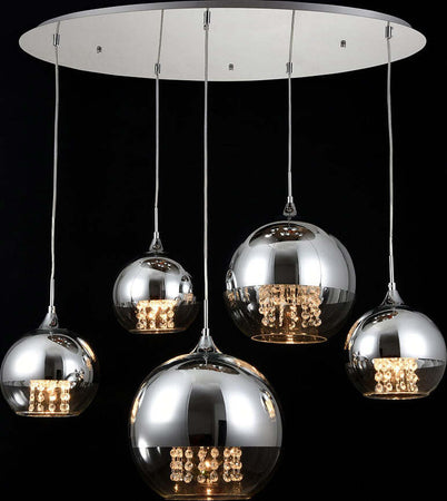Lampadario-Contemporaneo-Fermi-Metallo-Nichel-5-Luci-Diffusori-Vetro-E-Metallo