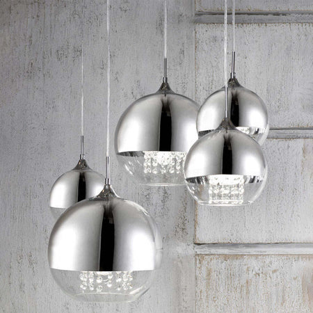 Lampadario-Contemporaneo-Fermi-Metallo-Nichel-5-Luci-Diffusori-Vetro-E-Metallo
