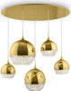 Lampadario-Contemporaneo-Fermi-Metallo-Oro-5-Luci-Diffusori-Vetro-E-Metallo