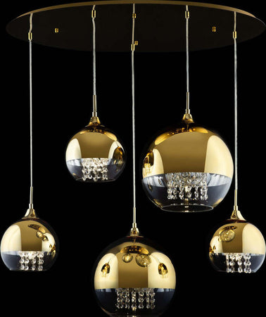 Lampadario-Contemporaneo-Fermi-Metallo-Oro-5-Luci-Diffusori-Vetro-E-Metallo