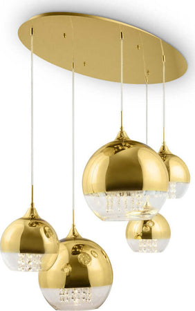 Lampadario-Contemporaneo-Fermi-Metallo-Oro-5-Luci-Diffusori-Vetro-E-Metallo